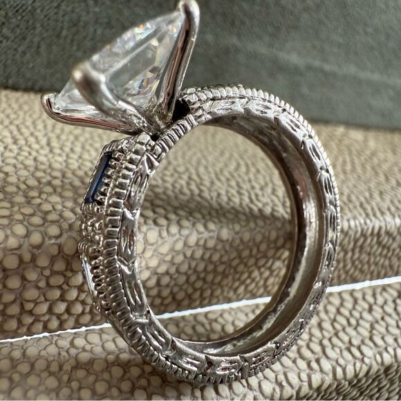 Large Princess Cut CZ Ring with Blue Accent Stones – Size 8 Bold Glam Look - Picture 10 of 17